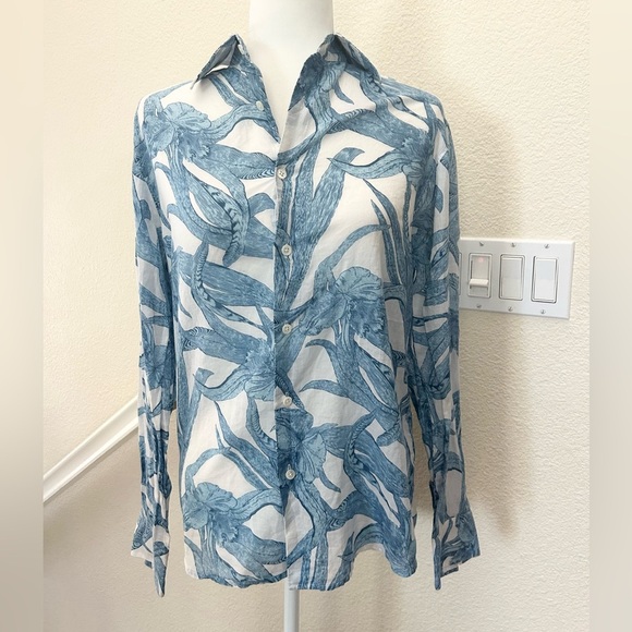 Theory Button Down Dress Shirt for Women ultra thin 100% cotton blue floral Sz S - Picture 1 of 9